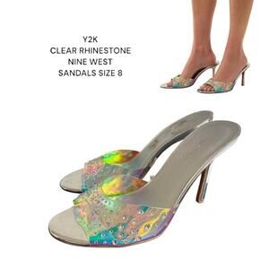 Y2K CLEAR RHINESTONE SILVER NINE WEST‎ SPARKLE SANDALS HEELS SIZE 8.